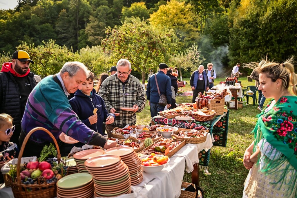 Mese cu bunătăți pe un câmp, la un târg gastronomic în aer liber