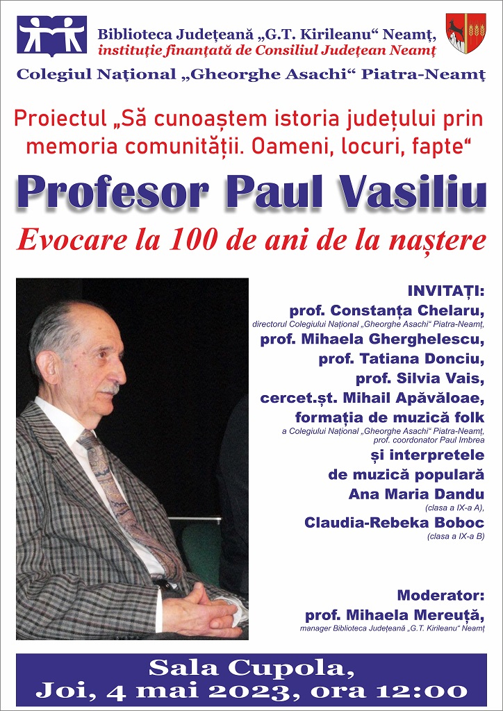 Evocarea profesorului Paul Vasiliu, la Biblioteca Județeană „G.T. Kirileanu“ Neamț – fotografia 1