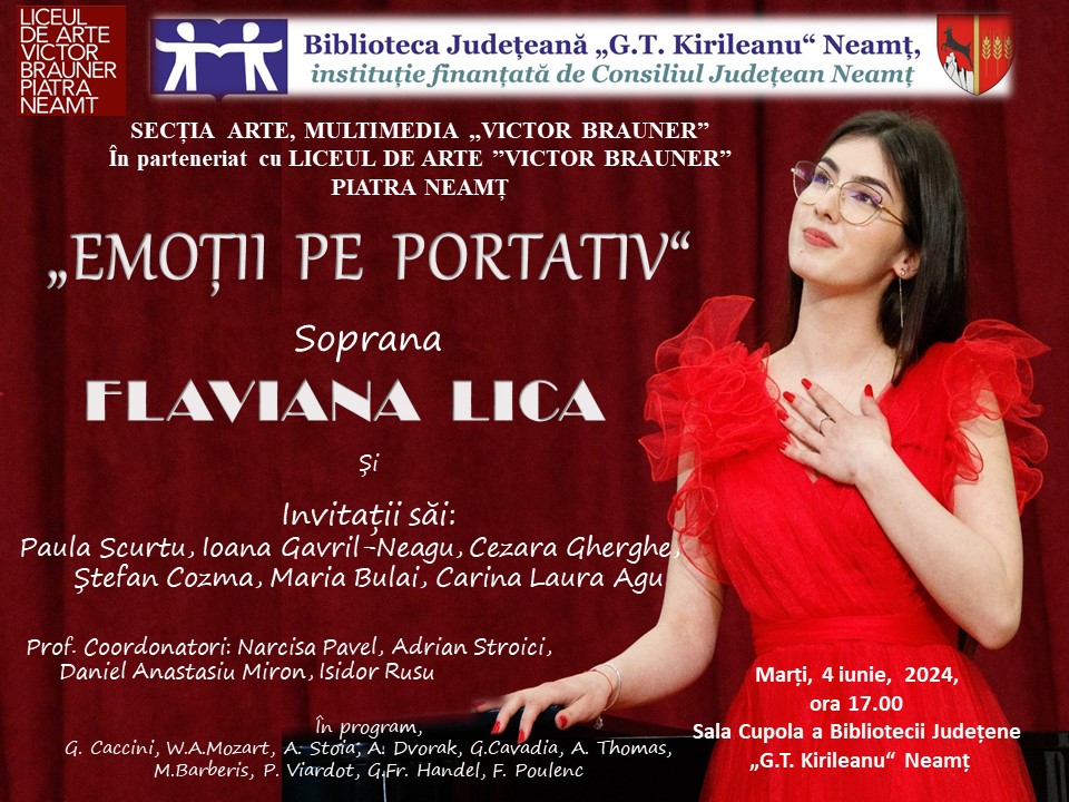 „Emoții pe portativ“ cu soprana Flaviana Lica, la Biblioteca Județeană