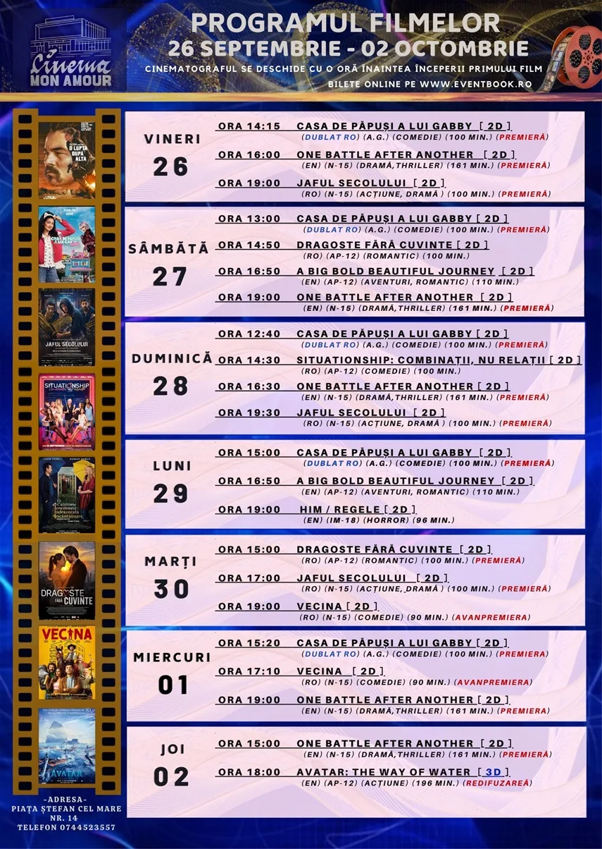 Programul Cinema Mon Amour Piatra Neamț în perioada 26 septembrie – 2 octombrie 2025